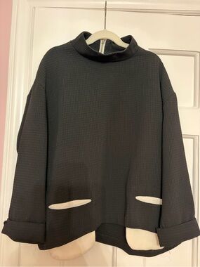 Lily J - Black Waffle-Knit Mock Neck Top with Cream Pocket Welts